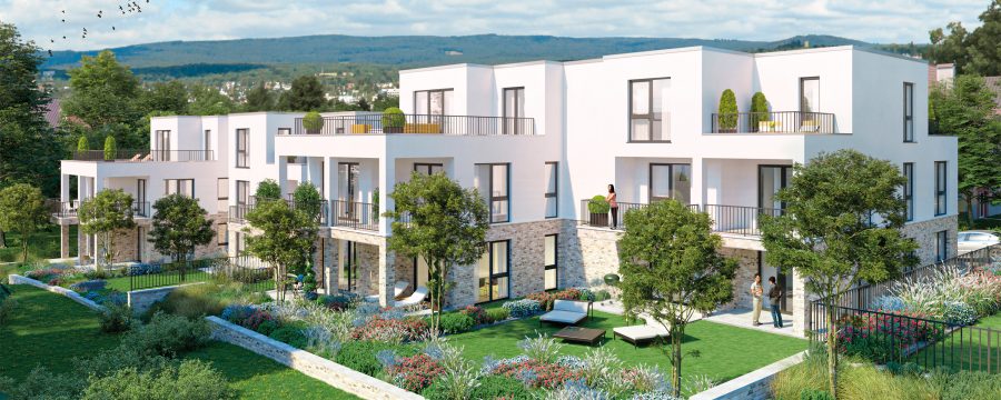 §D-Rendering zeigt moderne Wohnanlage mit großen Balkonen und schönen Gärten